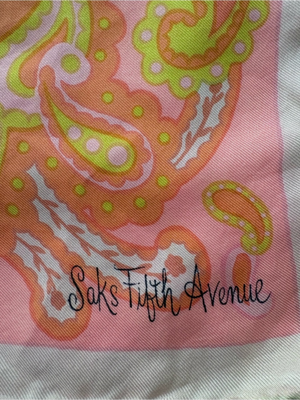 Vintage Saks Fifth Avenue Pink, Orange & Chartreuse Paisley Silk Scarf